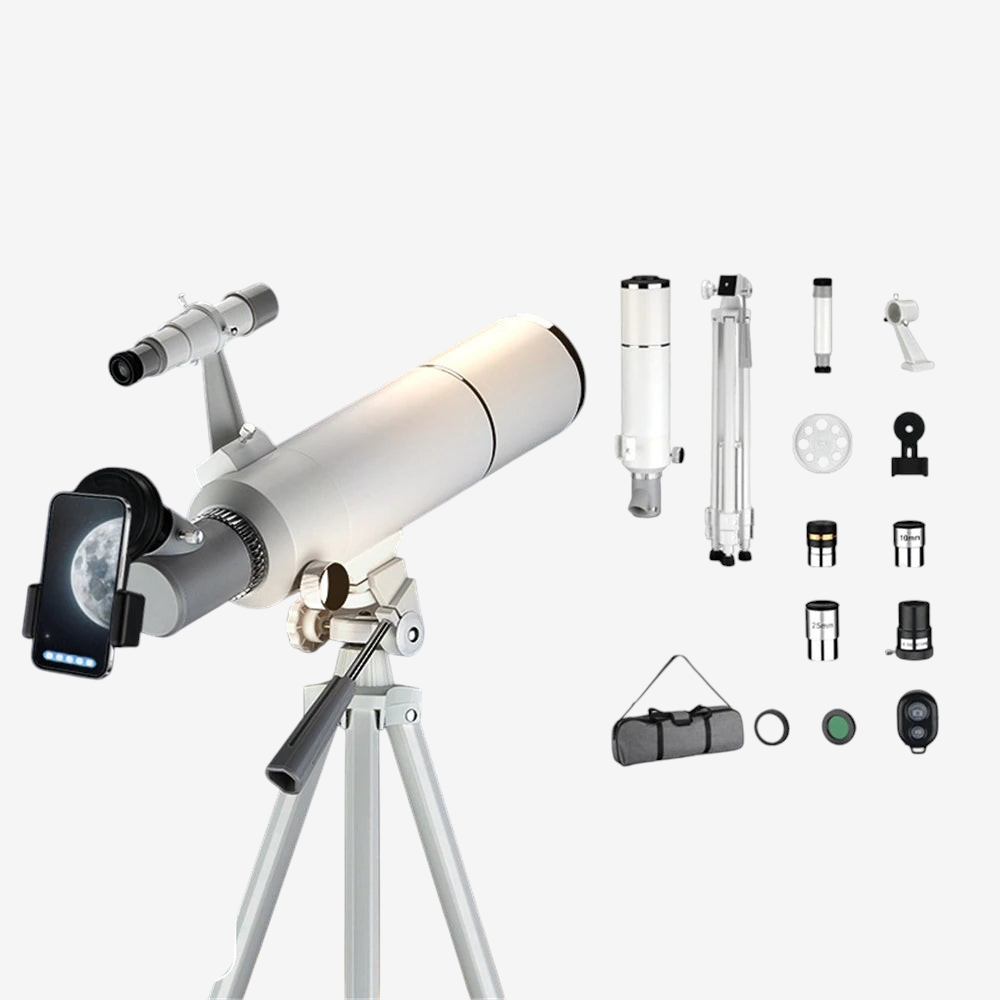 Télescope réfracteur exotelos 70/400 pour débutant avec trépied, accessoires complets et support smartphone