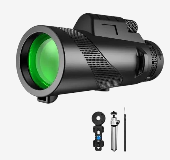 Monoculaire exotelos HD 80x100 noir avec objectif vert, adaptateur smartphone, trépied et chiffon de nettoyage