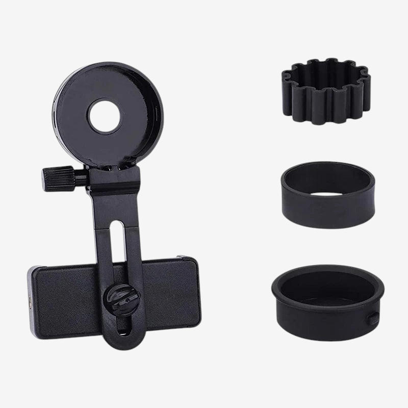 Adaptateur smartphone universel exotelos noir avec clip et bagues en caoutchouc pour télescope et monoculaire