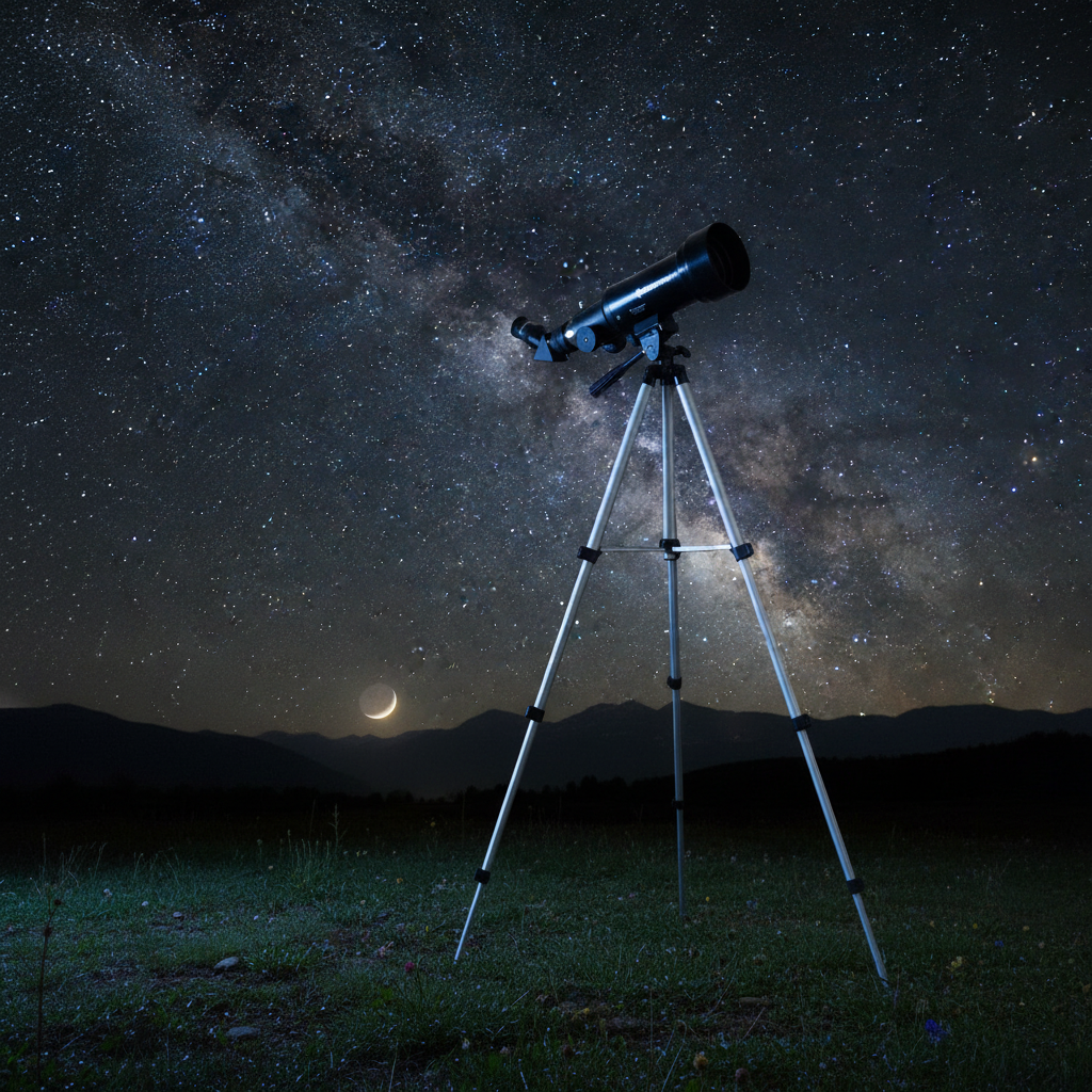 Télescope réfracteur Celestron Travel Scope 70 sur trépied, installé dans un champ sous un ciel étoilé nocturne.