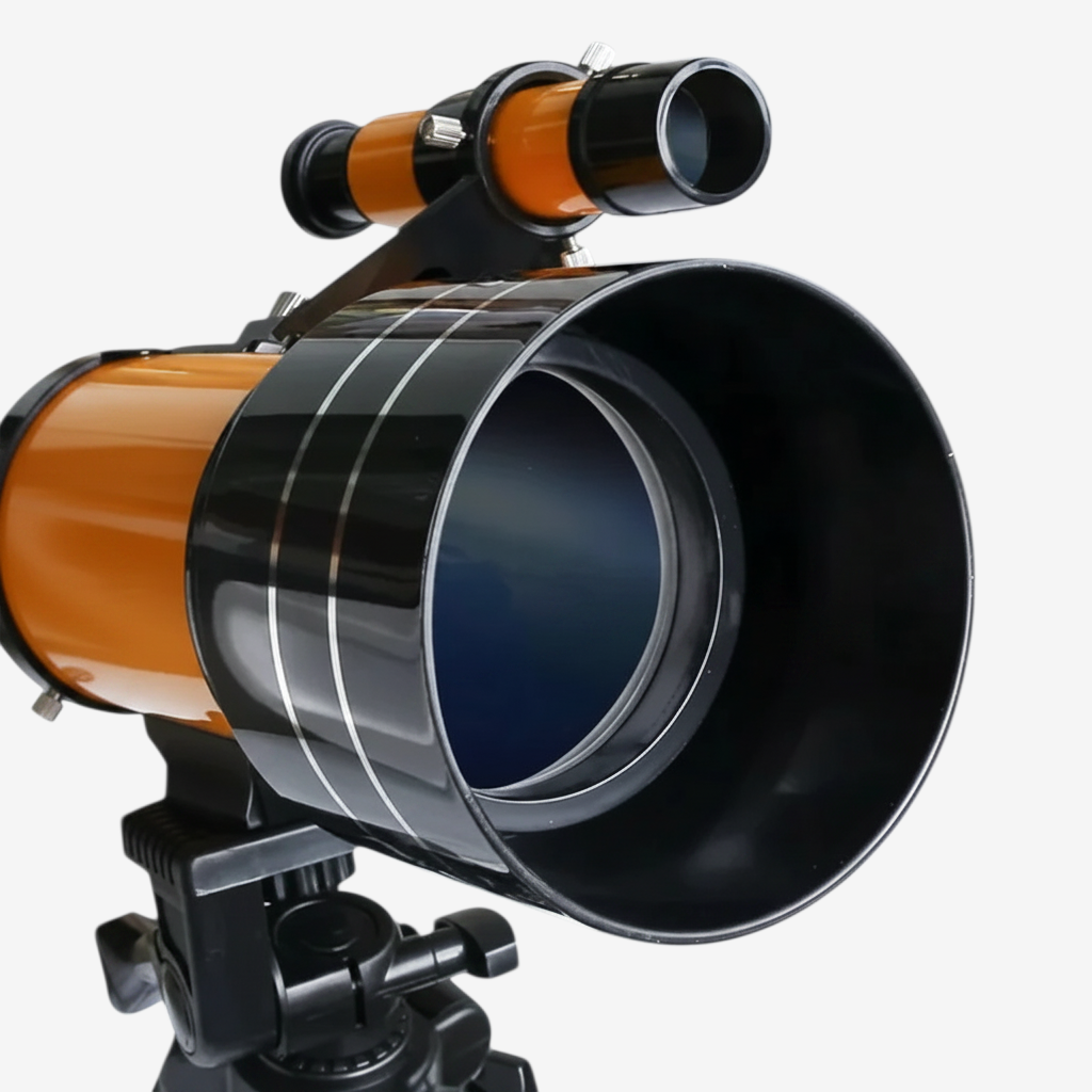 Télescope réfracteur exotelos F30070 HD orange et noir avec objectif de 70 mm sur trépied pour observation astronomique