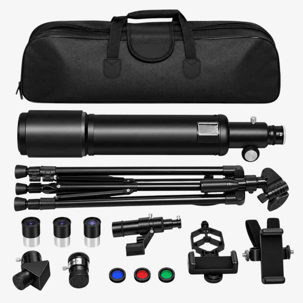 Kit télescope exotelos Borwolf 90/600 HD noir avec trépied, oculaires, filtres, adaptateur smartphone et sac de transport