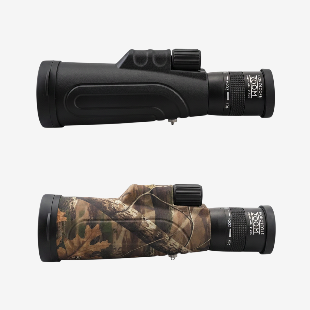 Monoculaire exotelos WG11 8-20x50 étanche avec revêtement caoutchouc noir ou motif camouflage pour la randonnée.