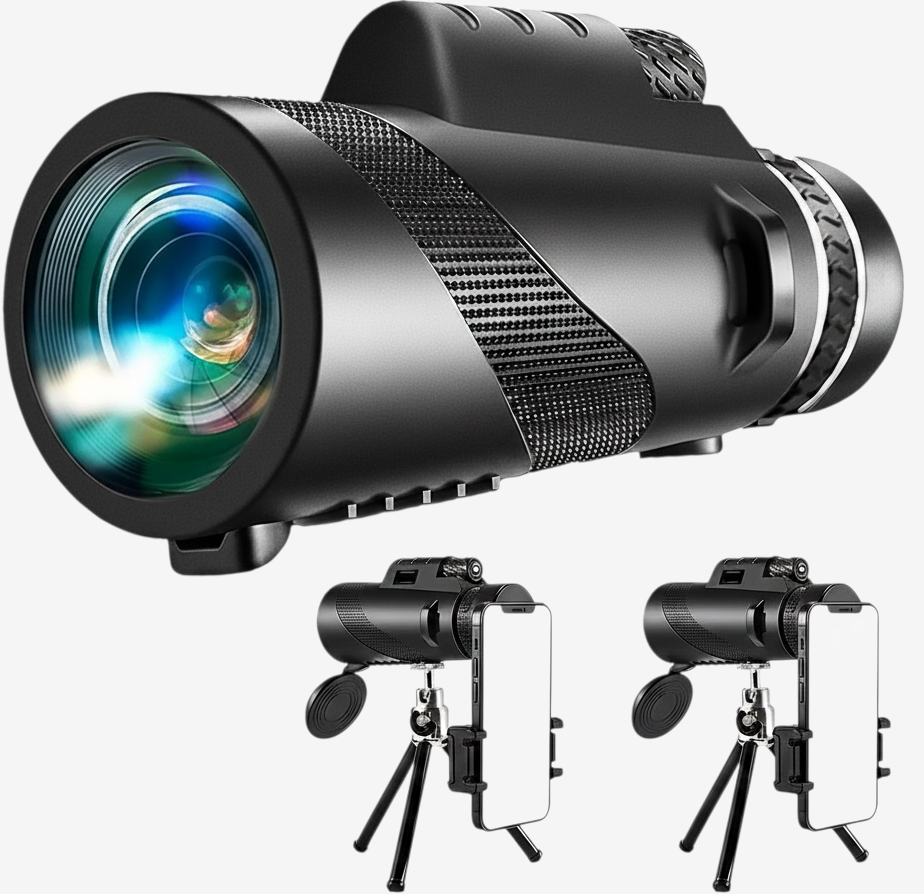 Monoculaire HD exotelos 80x100 noir avec prisme BAK4, trépied et adaptateur smartphone pour observation longue distance