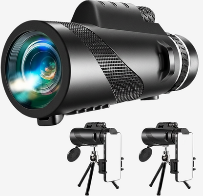 Monoculaire HD exotelos 80x100 noir avec prisme BAK4, trépied et adaptateur smartphone pour observation longue distance