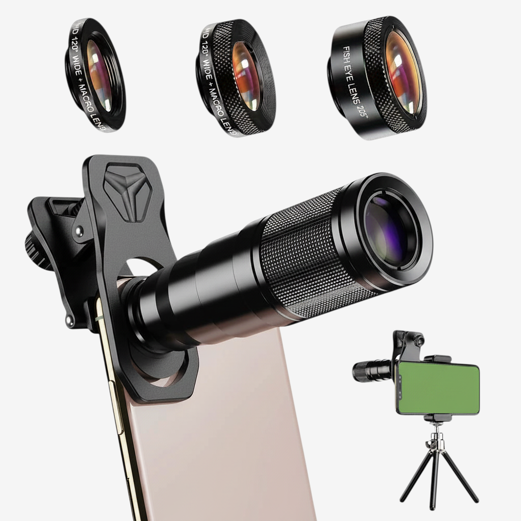 Kit objectifs exotelos APEXEL 4-en-1 avec téléobjectif 22x, grand-angle, macro et fisheye montés sur smartphone