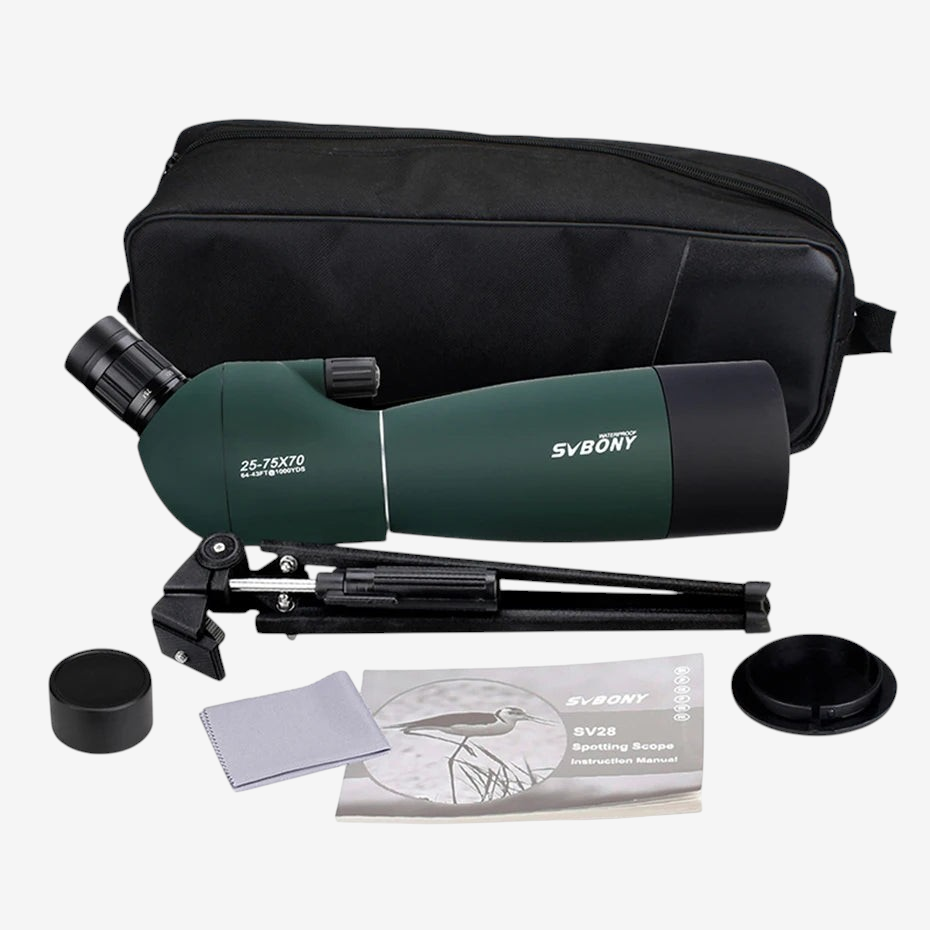 Longue-vue exotelos SVBONY SV28 25-75x70 verte avec trépied, sac de transport et accessoires d'observation