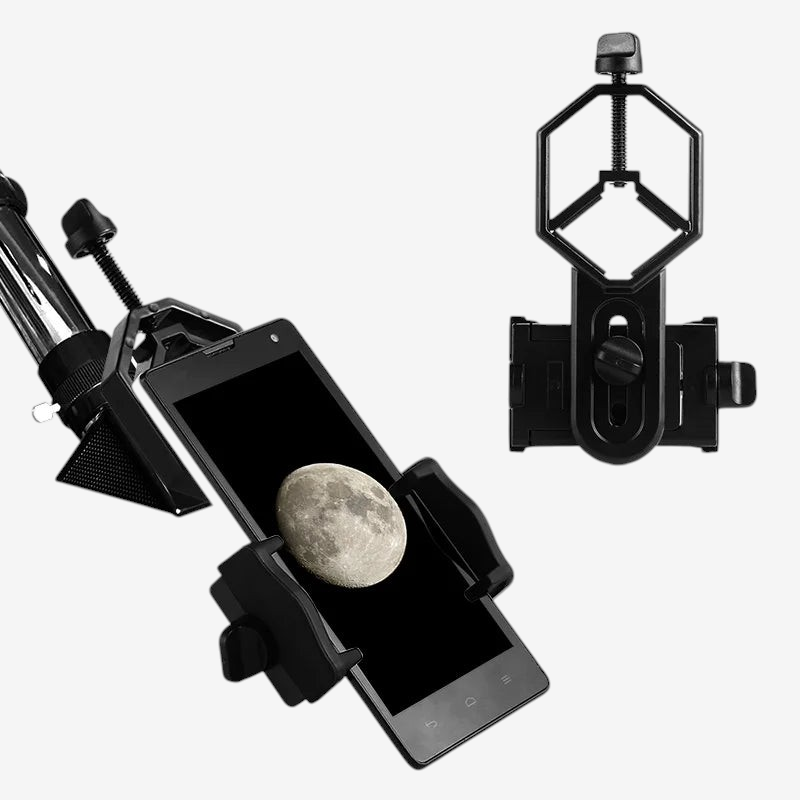 Adaptateur smartphone exotelos en aluminium noir pour télescope, permettant de fixer un téléphone sur un oculaire.