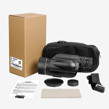 Monoculaire exotelos Svbony SV49 13x50 avec étui, capuchons, sangle et manuel dans sa boîte en carton