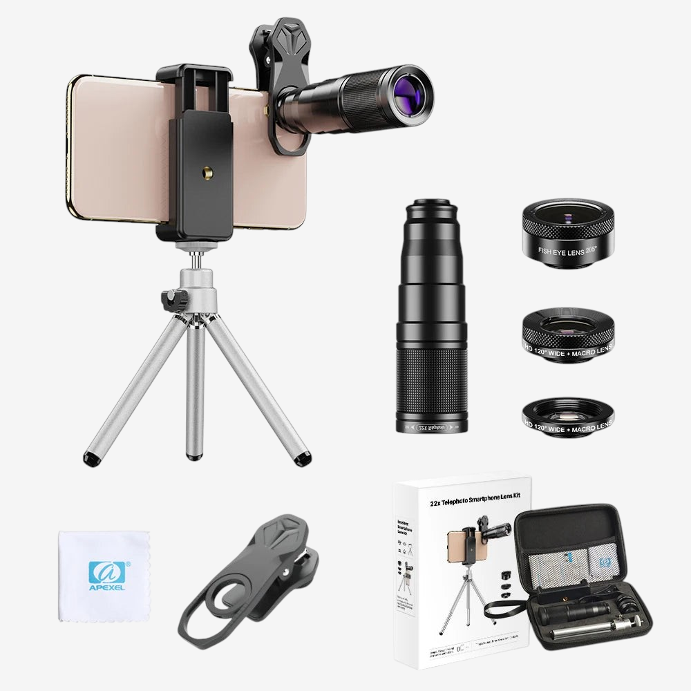 Kit objectifs exotelos APEXEL 4-en-1 avec téléobjectif 22x, trépied et accessoires pour smartphone