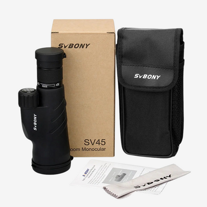 Monoculaire exotelos SVBONY SV45 10-30x50 noir avec étui de transport, boîte et accessoires sur fond blanc
