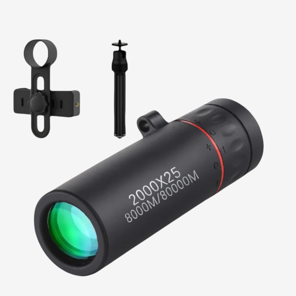 Ensemble exotelos comprenant un télescope monoculaire noir, un support pour smartphone et un trépied compact.