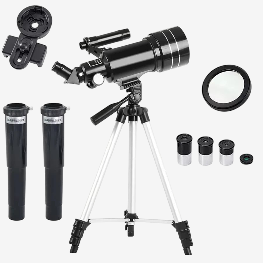 Télescope réfractant exotelos 30070 noir avec trépied, oculaires, lentilles Barlow et support pour smartphone