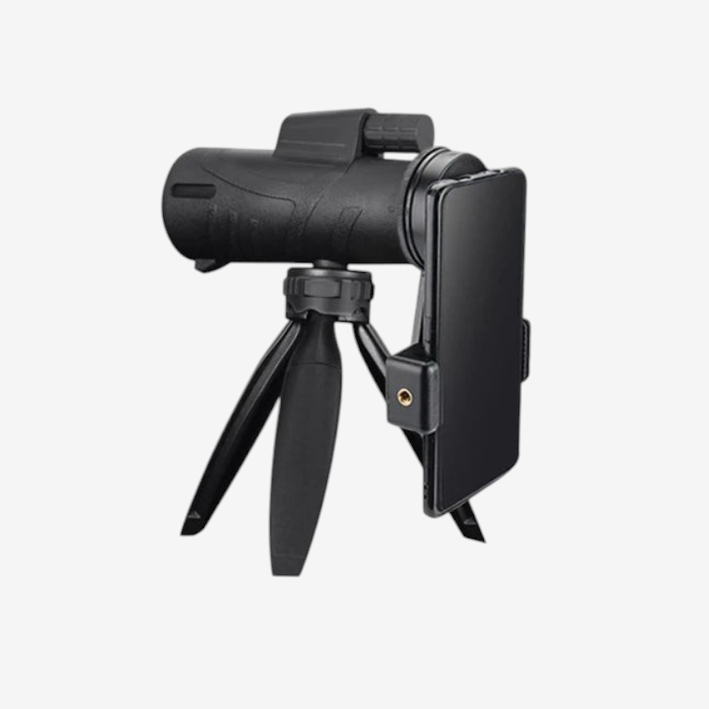 Adaptateur smartphone rotatif exotelos pour télescope et jumelles, fixation universelle noire pour digiscopie.