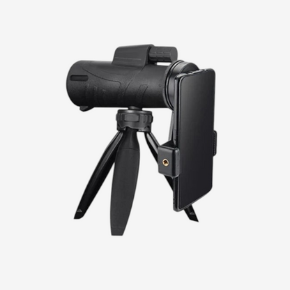 Adaptateur smartphone rotatif exotelos pour télescope et jumelles, fixation universelle noire pour digiscopie.