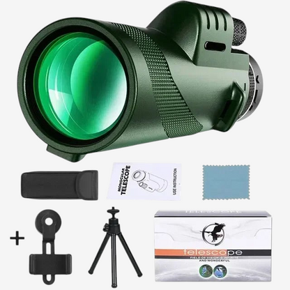Monoculaire exotelos 80x100 vert avec trépied, support smartphone et accessoires pour observation longue portée