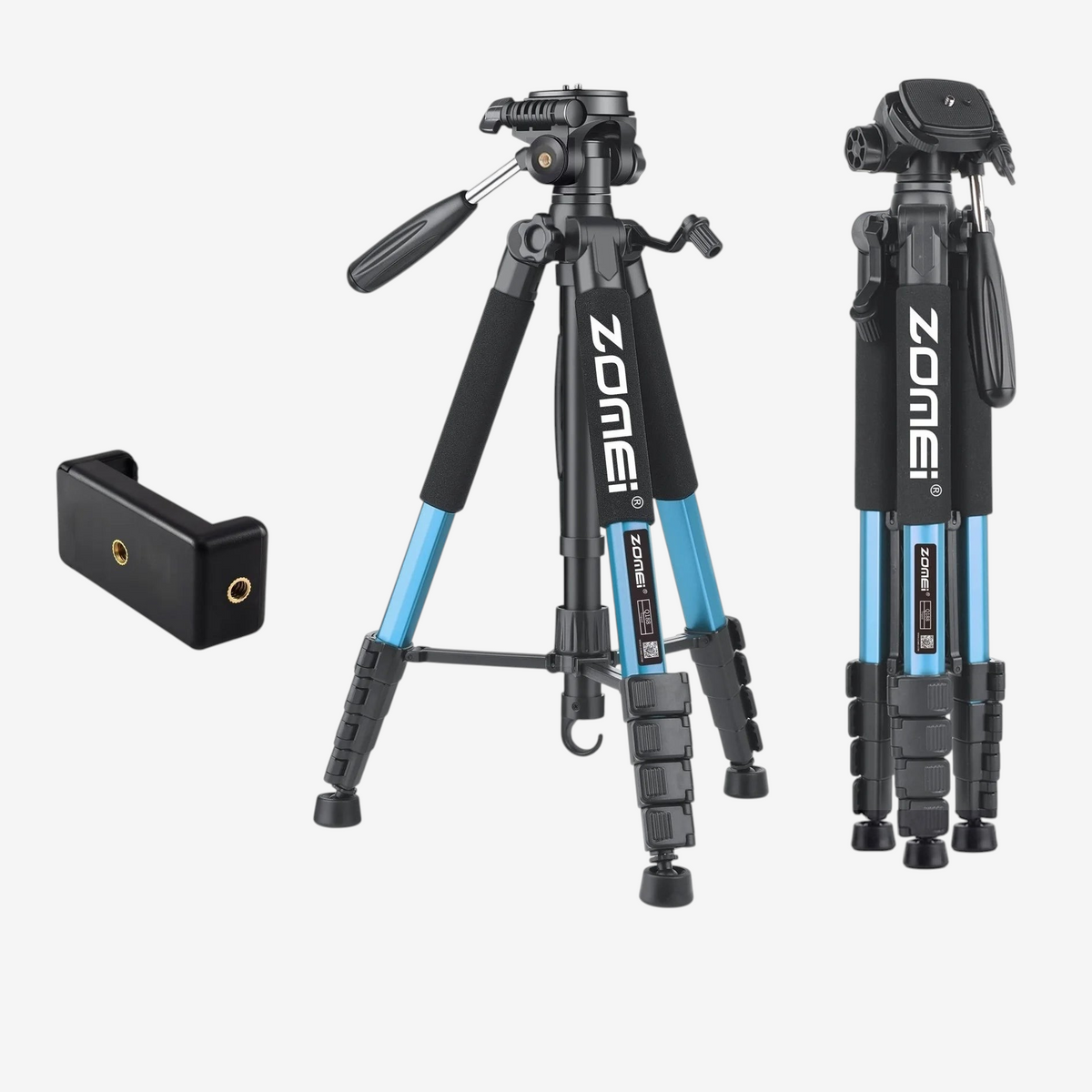 Trépied professionnel bleu Zomei Q188 en aluminium avec tête panoramique 360 degrés et support pour smartphone
