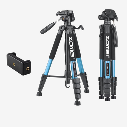 Trépied professionnel bleu Zomei Q188 en aluminium avec tête panoramique 360 degrés et support pour smartphone