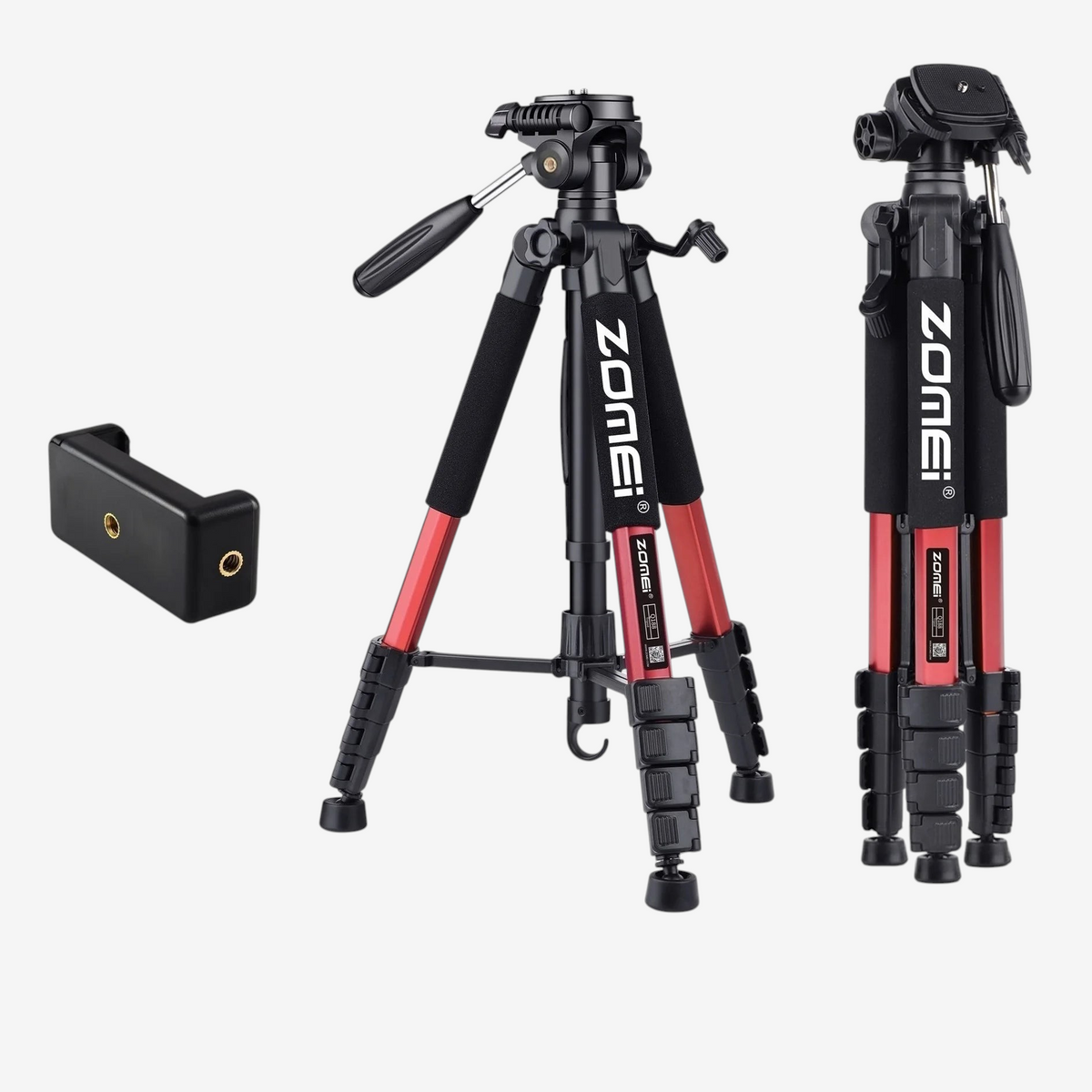 Trépied professionnel exotelos Zomei Q188 rouge et noir en aluminium avec tête panoramique et support pour téléphone
