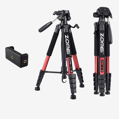 Trépied professionnel exotelos Zomei Q188 rouge et noir en aluminium avec tête panoramique et support pour téléphone