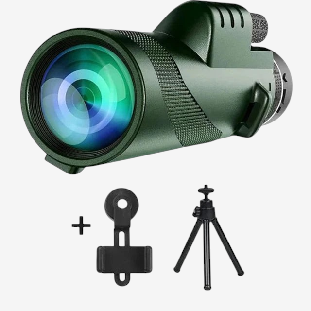 Monoculaire exotelos 80x100 vert avec trépied et adaptateur smartphone pour observation longue distance