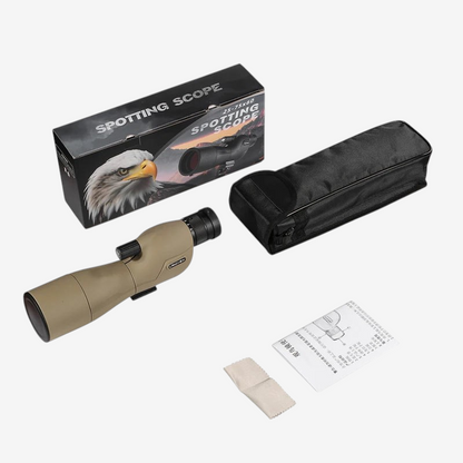 Longue-vue exotelos 25-75x60mm couleur sable avec boite, étui de transport et accessoires sur fond blanc