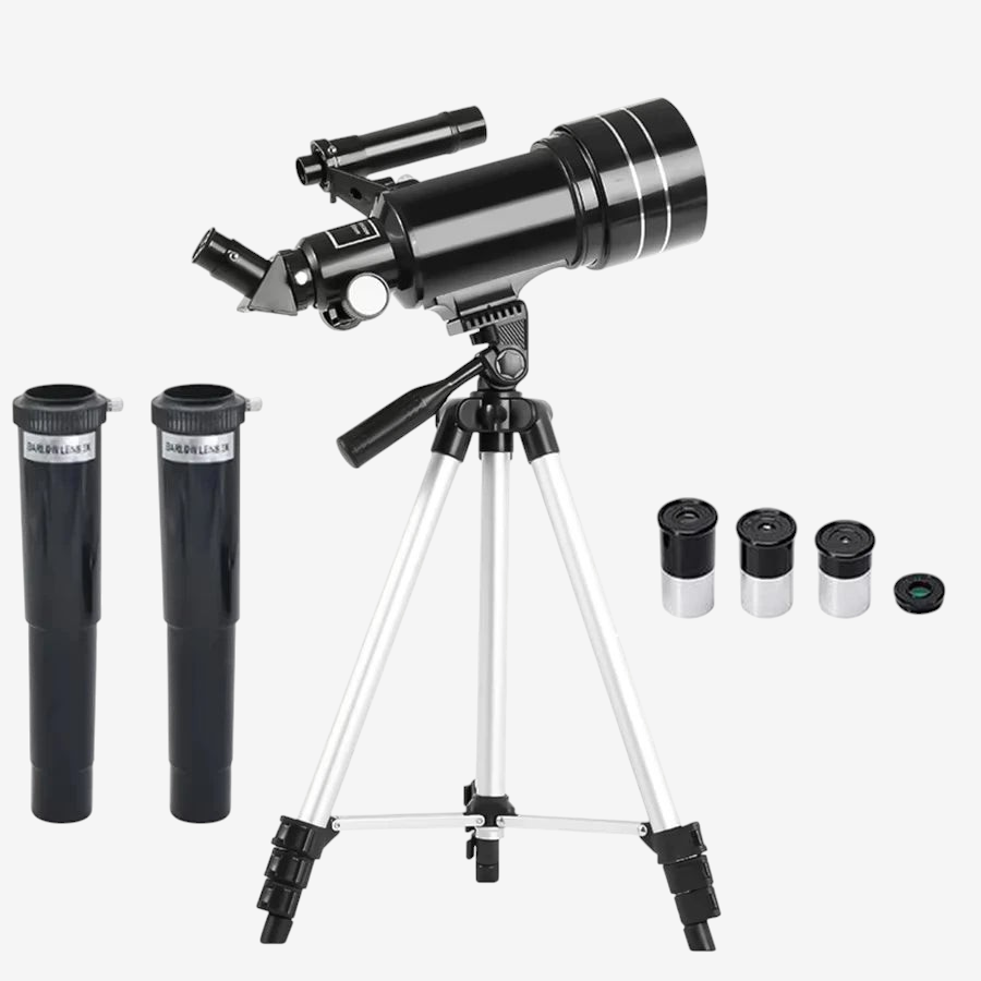 Télescope réfractant exotelos 30070 noir avec trépied, oculaires et lentilles de Barlow pour observer les étoiles