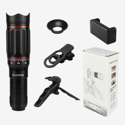 Kit téléobjectif exotelos 32x pour smartphone avec trépied, clip universel et accessoires dans sa boîte
