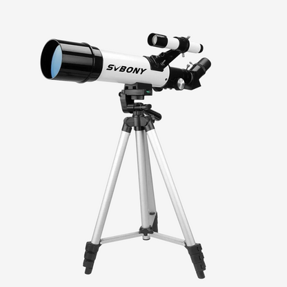 Télescope réfractant exotelos Svbony SV501P blanc sur trépied métallique, idéal pour débutants et enfants