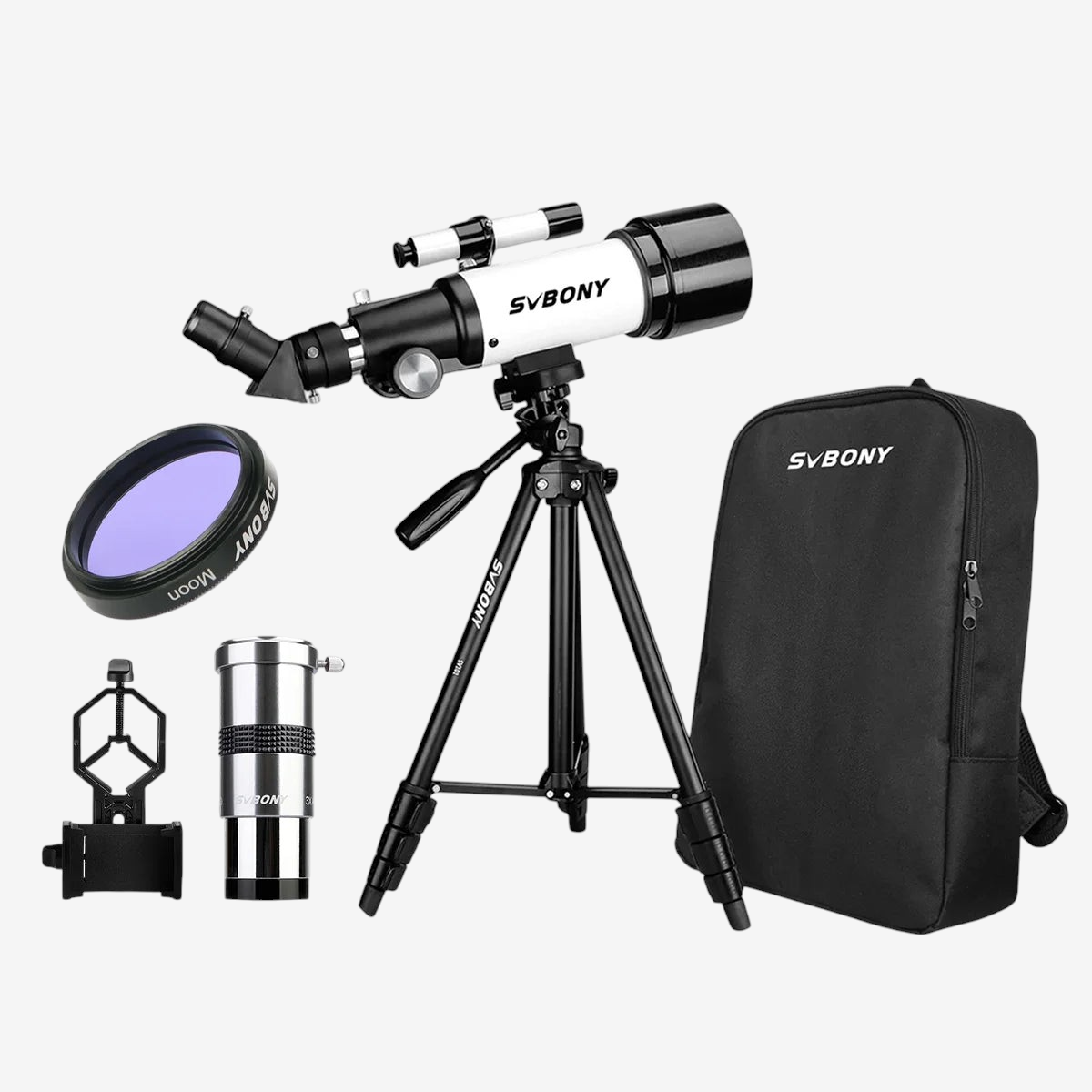Télescope réfracteur exotelos Svbony SV501P blanc avec trépied, sac à dos, filtre lunaire et adaptateur smartphone