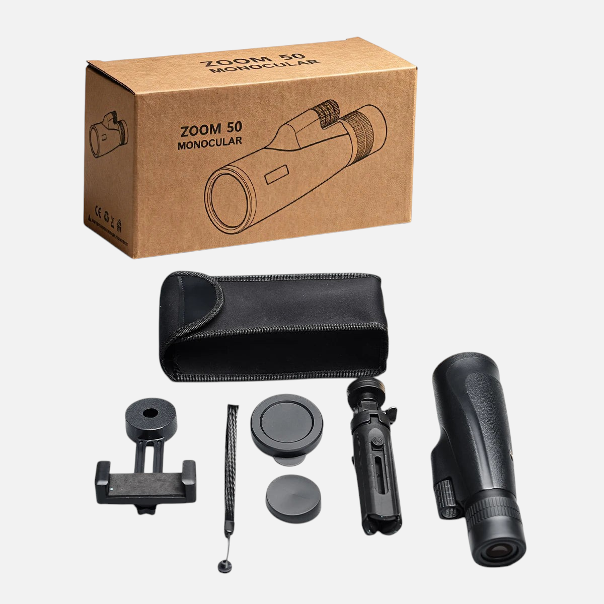 Ensemble exotelos 3 en 1 comprenant un monoculaire 10-30x50, un trépied, un support smartphone et une housse de transport