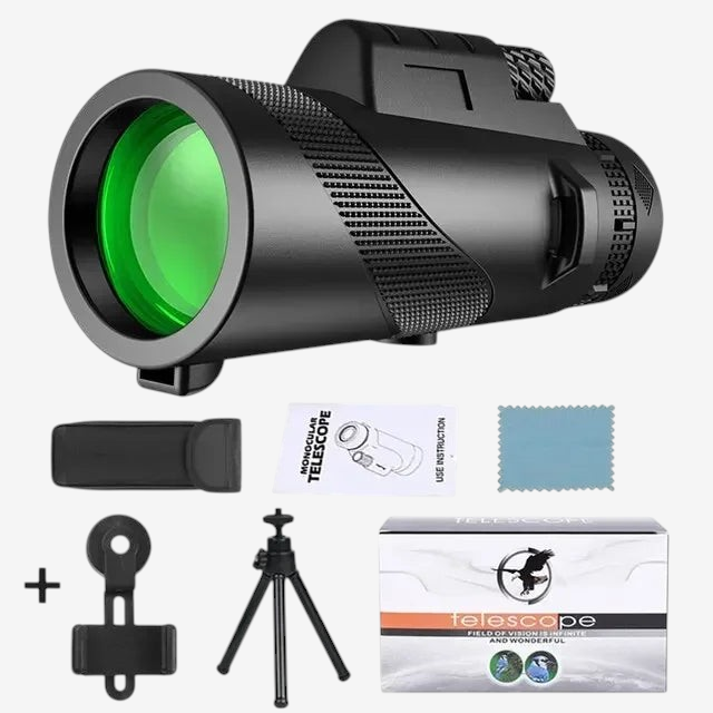 Ensemble monoculaire exotelos 80x100 noir avec trépied, support smartphone et accessoires pour observation longue portée