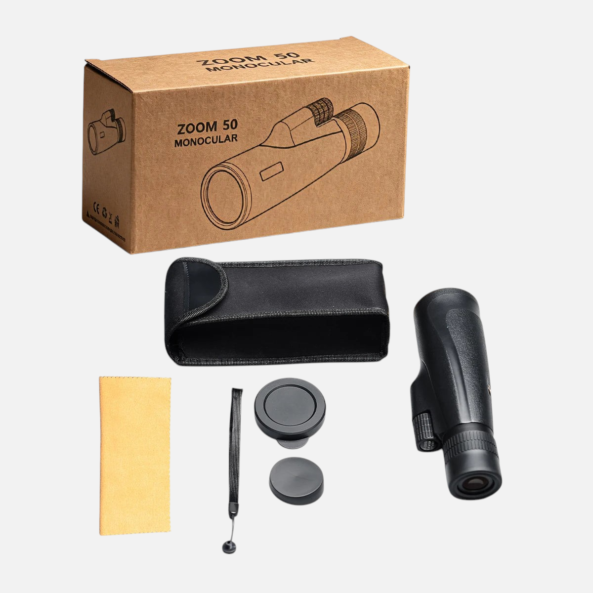 Monoculaire exotelos 10-30x50 avec étui, bouchons de protection et chiffon de nettoyage dans sa boîte en carton