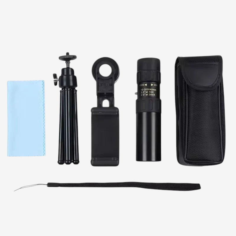 Kit monoculaire exotelos 10-300x40 noir en métal avec trépied, adaptateur smartphone, étui et chiffon de nettoyage