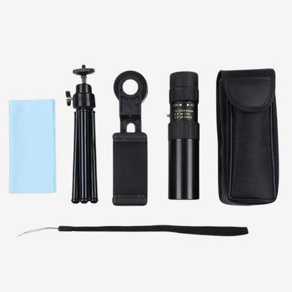 Kit monoculaire exotelos 10-300x40 noir en métal avec trépied, adaptateur smartphone, étui et chiffon de nettoyage