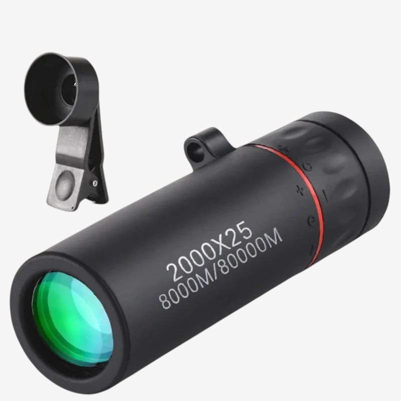 Télescope monoculaire exotelos noir avec clip pour smartphone, idéal pour l'observation en extérieur et la photographie.