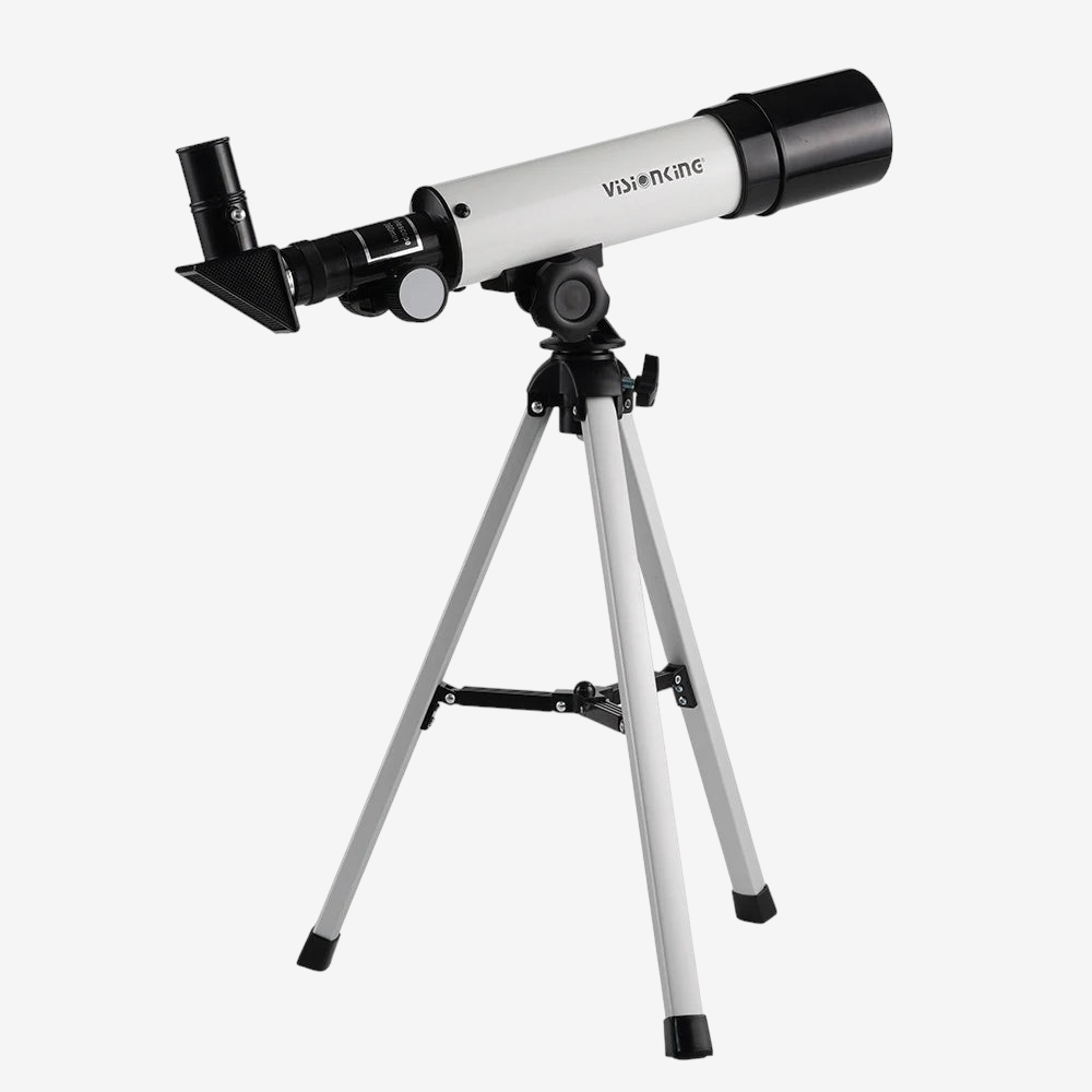 Télescope réfractant Visionking 50/360 noir et blanc sur trépied métallique, idéal pour débutants chez exotelos