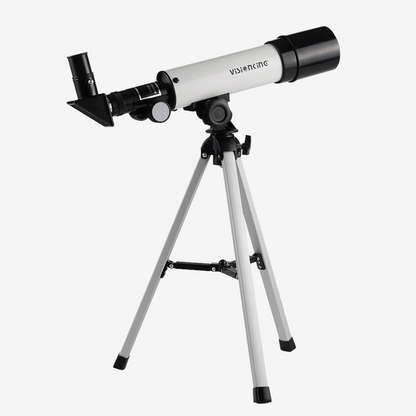 Télescope réfractant Visionking 50/360 noir et blanc sur trépied métallique, idéal pour débutants chez exotelos