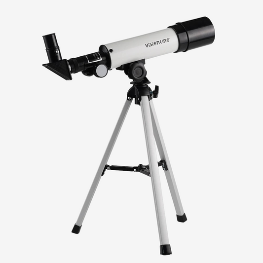 Télescope réfractant Visionking 50/360 noir et blanc sur trépied métallique, idéal pour débutants chez exotelos