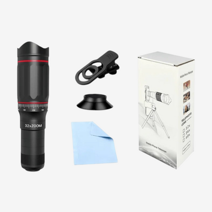 Kit exotelos comprenant un téléobjectif 32x pour smartphone, un clip de fixation, un œilleton et sa boîte de rangement