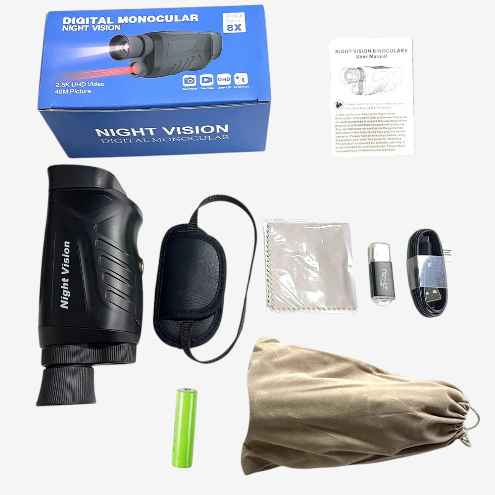 Set complet de monoculaire vision nocturne exotelos avec accessoires, batterie, câble et manuel dans sa boîte