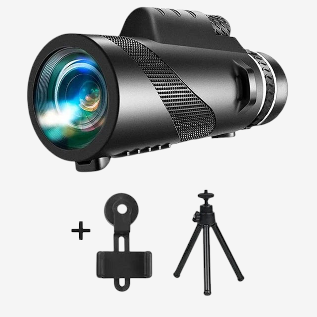 Monoculaire exotelos 80x100 noir avec trépied et adaptateur smartphone pour observation longue distance