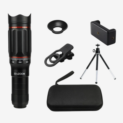 Kit complet exotelos téléobjectif 32x pour smartphone avec trépied, adaptateur, œilleton et étui de transport noir