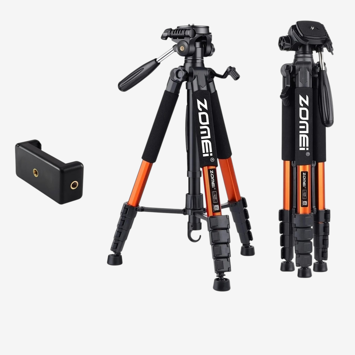 Trépied professionnel exotelos Zomei Q188 orange et noir en aluminium avec tête panoramique et support pour téléphone