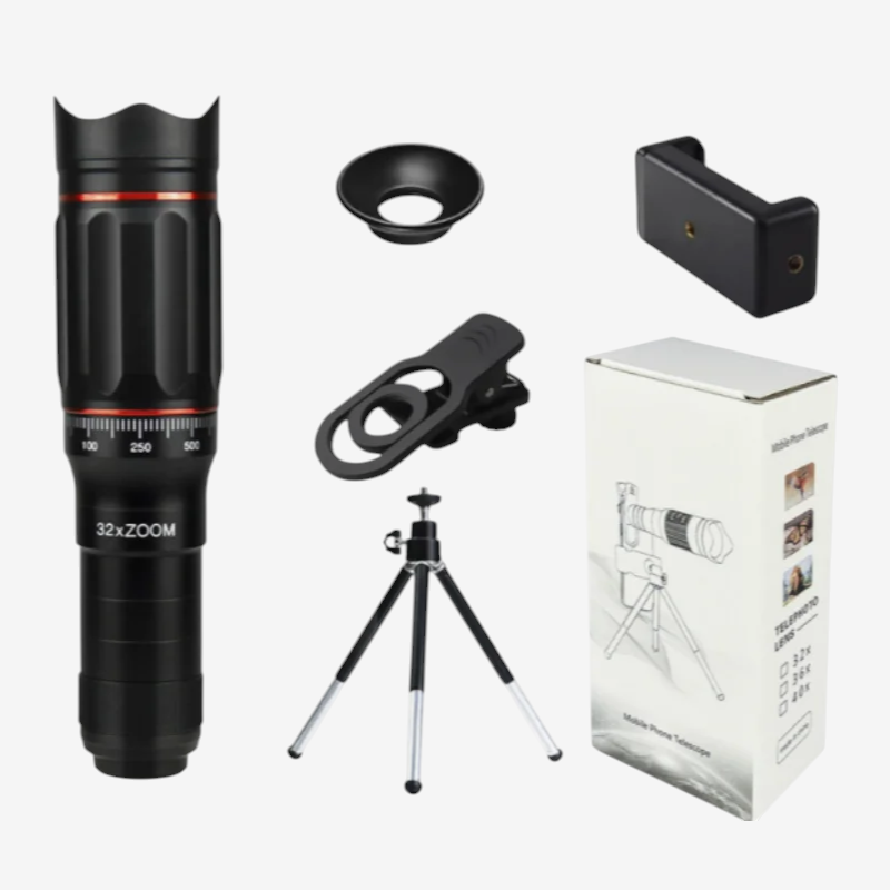 Kit complet exotelos de téléobjectif 32x pour smartphone avec trépied, adaptateur et œilleton pour observation longue vue