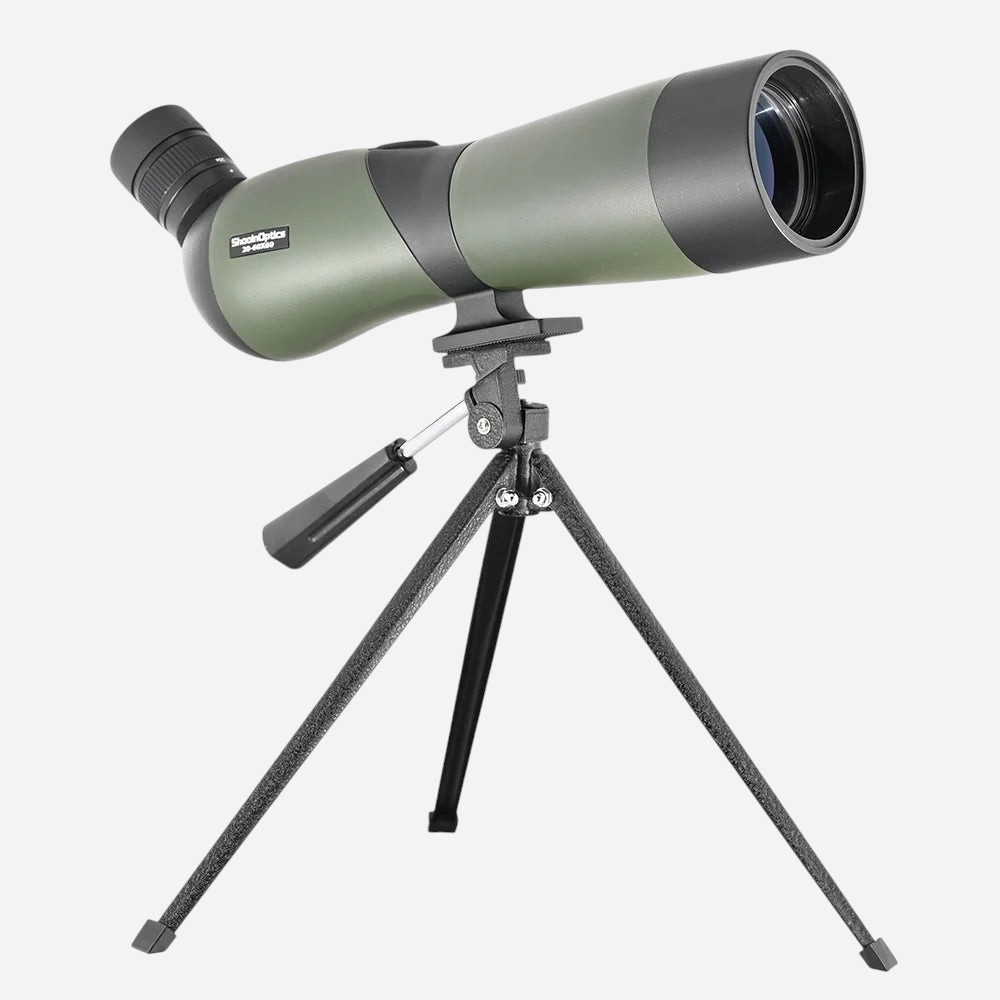 Longue-vue exotelos Shooin Optics 25-75x70 verte sur trépied, idéale pour l'observation ornithologique et la chasse.