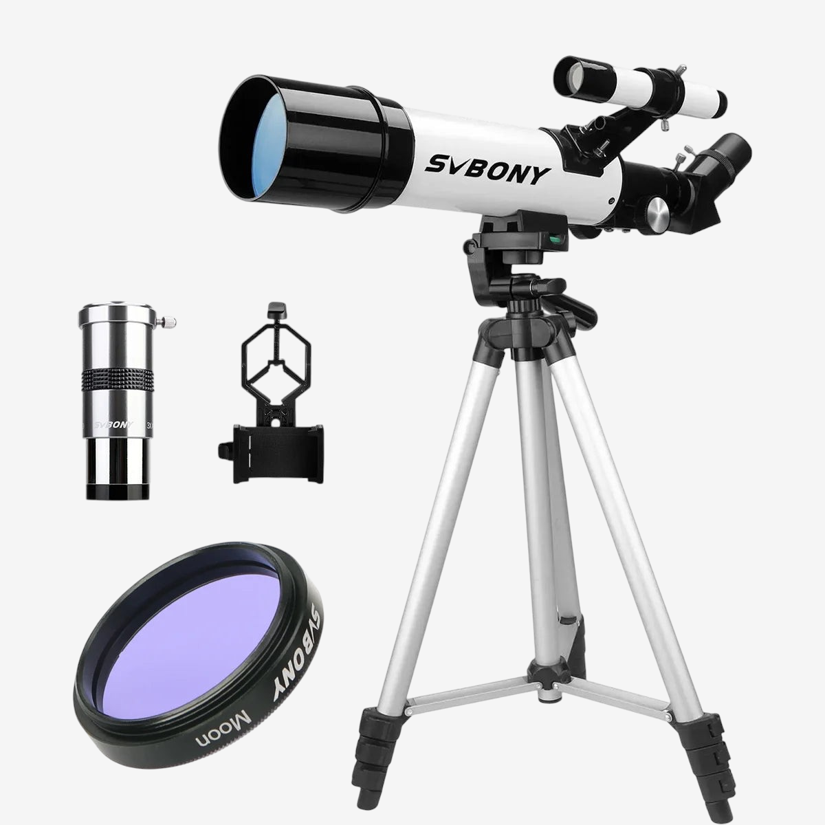 Télescope réfracteur exotelos Svbony SV501P blanc avec trépied, oculaire, adaptateur smartphone et filtre lunaire.