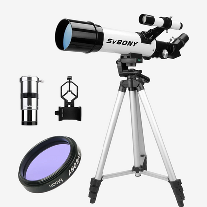 Télescope réfracteur exotelos Svbony SV501P blanc avec trépied, oculaire, adaptateur smartphone et filtre lunaire.