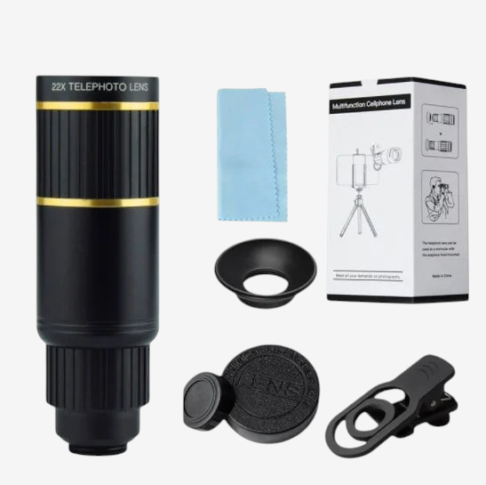 Kit monoculaire exotelos 22x en aluminium noir avec adaptateur smartphone, œilleton, chiffon et boîte de rangement