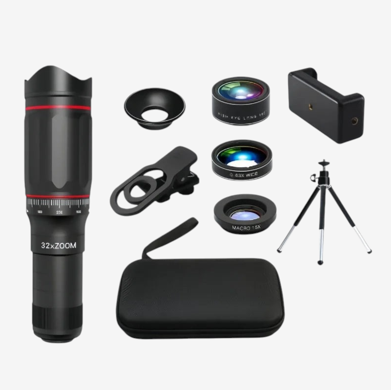 Kit téléobjectif exotelos 32x pour smartphone avec trépied, lentilles additionnelles et étui de rangement noir